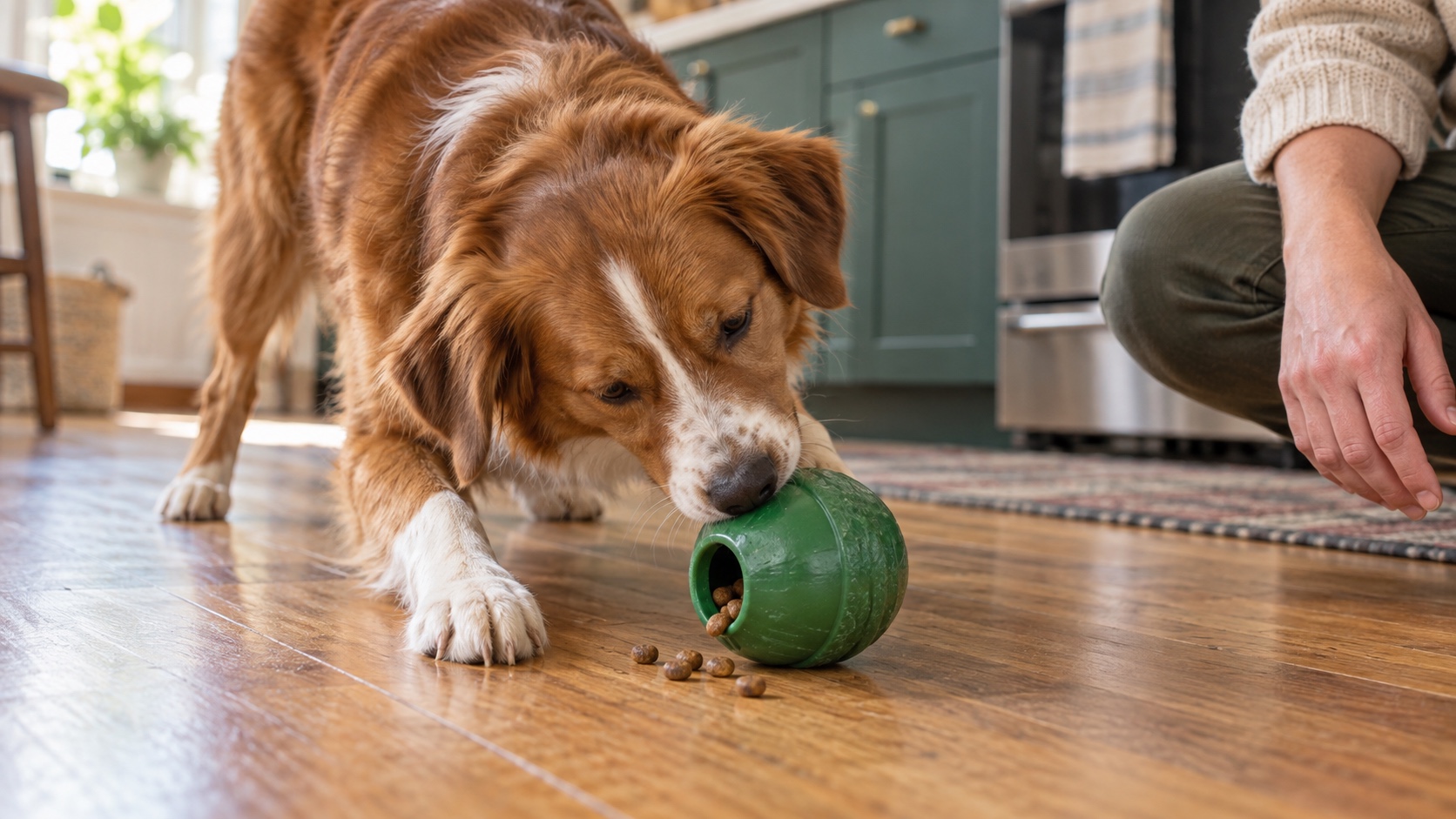 A dog using a safe rubber food-dispensing toy with measured kibble on a residential kitchen floor